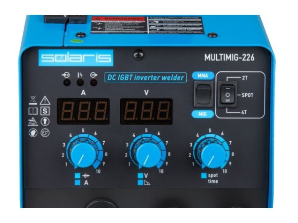 Полуавтомат сварочный Solaris MULTIMIG-226 (230В, MIG/FLUX/MMA, евроразъем, горелка 3 м, смена полярности, 2T/4T/Spot)