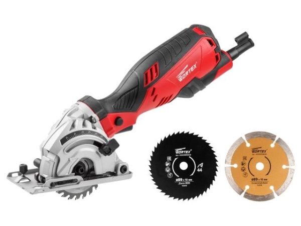 Циркулярная пила WORTEX HS 2865 в кор. + 3 пильных диска 650 Вт, 89 мм, до 28 мм (Диск 89х10 мм)