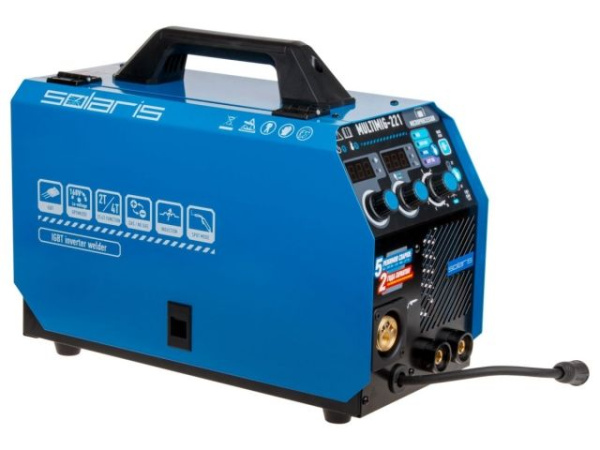 Полуавтомат сварочный Solaris MULTIMIG-221 (230В, MIG/SPOT/FLUX/MMA/TIG, евроразъем, горелка 3 м, смена полярности, 2T/4T, рег.индуктивн.)