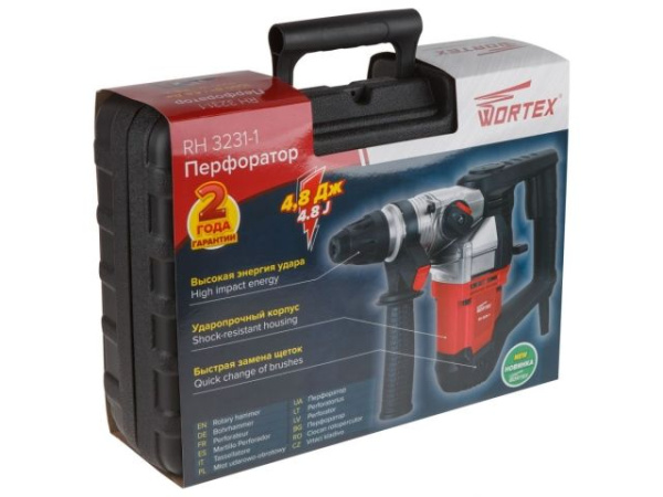 Перфоратор WORTEX RH 3231-1 в чем. + (2 зубила, 3 сверла) 1000 Вт, 4.8 Дж, 32 мм, 2 режима, SDS-plus (вес 4.5 кг)