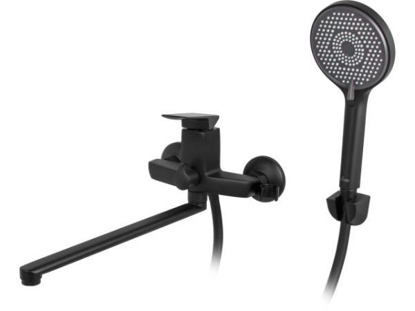 Смеситель для ванны (Lt) D35, серия Lily черный, a-five (На стену, L-излив 350 мм., поворотный. Лейка и шланг в комплекте.)