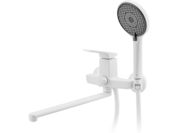 Смеситель для ванны (Lt) D35, серия Lily белый, a-five (На стену, L-излив 350 мм., поворотный. Лейка и шланг в комплекте)