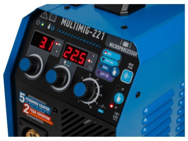 Полуавтомат сварочный Solaris MULTIMIG-221 (230В, MIG/SPOT/FLUX/MMA/TIG, евроразъем, горелка 3 м, смена полярности, 2T/4T, рег.индуктивн.)