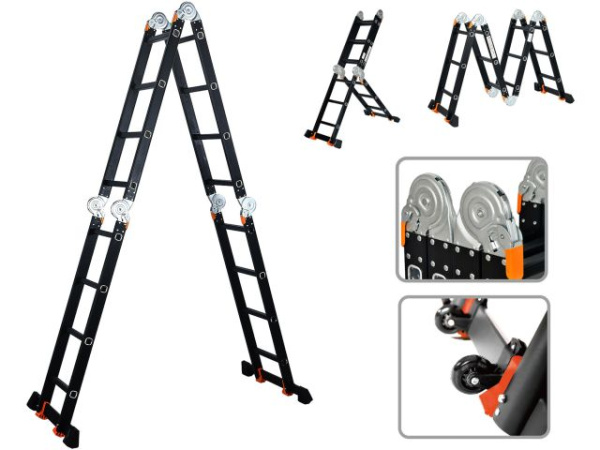 Лестница алюм. многофункц.4х4 ступ.(стрем.-229см,лестн.-465см) 13,8кг BLACK LINE STARTUL (ST9930-04) (усиленное шарнирное соединение, прорезиненные колеса и доп.стабилизаторы)