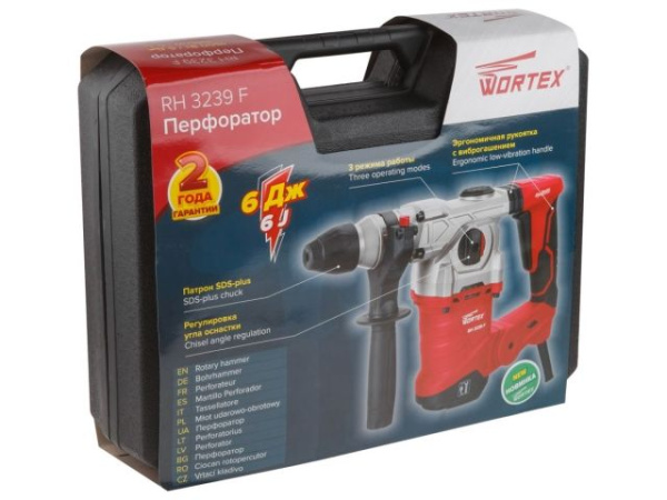Перфоратор WORTEX RH 3239 F в чем. + (2 зубила, 3 сверла) 1500 Вт, 6.0 Дж, 32 мм, 4 режима, SDS-plus (вес 5.4 кг)
