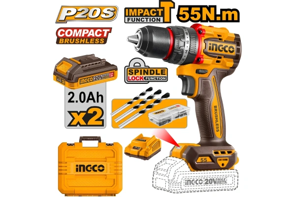 Аккумуляторный ударный шуруповерт INGCO 20B BL 55Hm 22+1+1 кейс SUPER CIDLI20558
