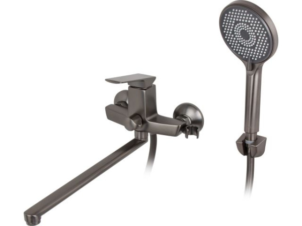 Смеситель для ванны (Lt) D35, серия Lily антрацит, a-five (На стену, L-излив 350 мм., поворотный. Лейка и шланг в комплекте)