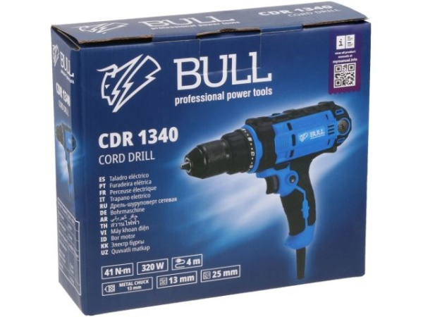 Дрель-шуруповерт BULL CDR 1340 в кор. 320 Вт, 41 Н*м, 2 скор., БЗП(мет.) 13 мм, 4 метра кабель