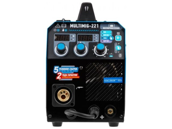 Полуавтомат сварочный Solaris MULTIMIG-221 (230В, MIG/SPOT/FLUX/MMA/TIG, евроразъем, горелка 3 м, смена полярности, 2T/4T, рег.индуктивн.)