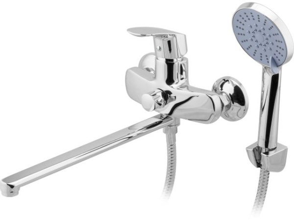 Смеситель для ванны (Lt) D35, серия Daisy хром, a-five (На стену, L - излив длина 353 мм, поворотный. Лейка и шланг в комплекте)