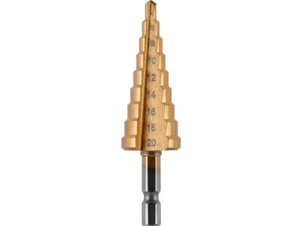 Сверло по металлу ступенчатое 4-20 мм HSS TIN ВОЛАТ (прямой профиль)