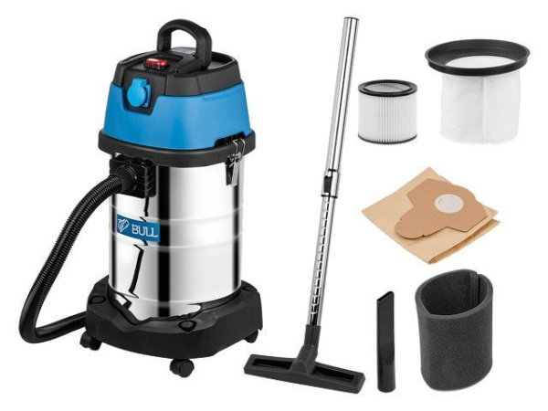 Пылесос BULL AS 3001 + аксессуары 1400 Вт, 30 л, 6м кабель, 3м шланг, HEPA, мануал., выдув (класс: L, очистка: мануальная, автовключение, выдув, 2 фильтра, розетка 2000 Вт)